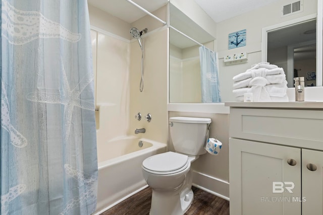 full bathroom featuring shower / bath combination with curtain, toilet, vanity, and hardwood / wood-style flooring