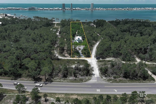 birds eye view of property featuring a water view