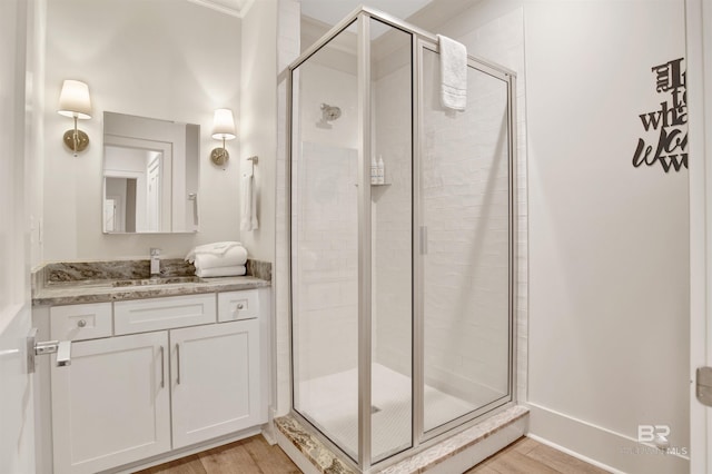 bathroom with a shower stall, vanity, and wood finished floors