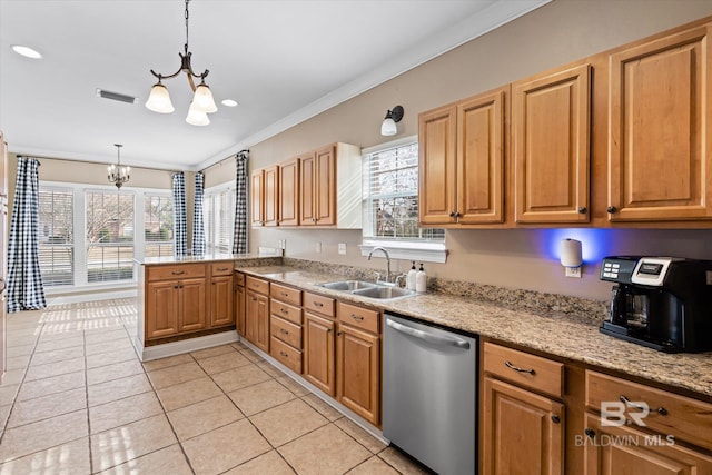 kitchen featuring dishwasher, decorative light fixtures, a notable chandelier, ornamental molding, and sink