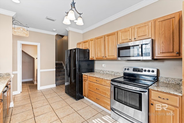 kitchen with light stone countertops, pendant lighting, stainless steel appliances, crown molding, and light tile patterned flooring