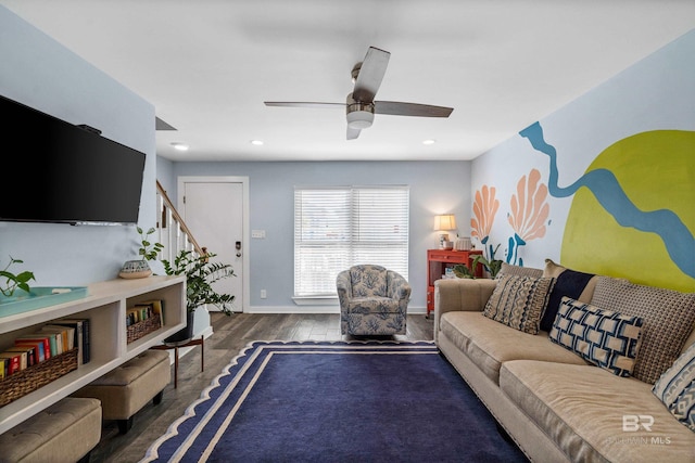 372 E Beach Blvd Unit 14, Gulf Shores, AL 36542 - living area featuring stairs, wood finished floors, a ceiling fan, baseboards, and recessed lighting