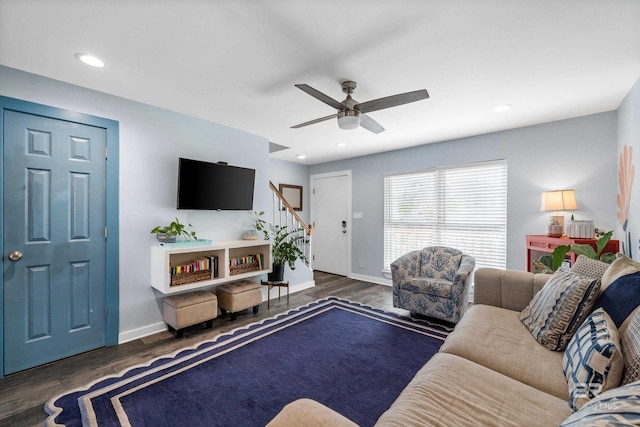 372 E Beach Blvd Unit 14, Gulf Shores, AL 36542 - living room featuring wood finished floors, stairway, baseboards, a ceiling fan, and recessed lighting