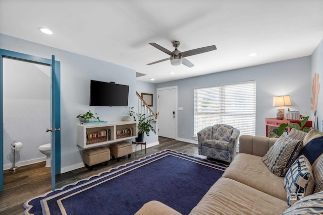 372 E Beach Blvd Unit 14, Gulf Shores, AL 36542 - living room with stairway, wood finished floors, baseboards, ceiling fan, and recessed lighting