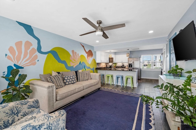 372 E Beach Blvd Unit 14, Gulf Shores, AL 36542 - living room with dark wood-style floors, a ceiling fan, recessed lighting, and baseboards
