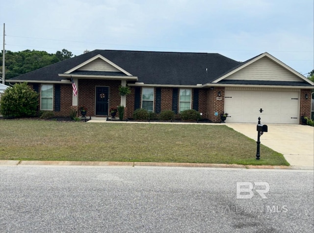 single story home with concrete driveway, brick siding, a garage, and a front lawn