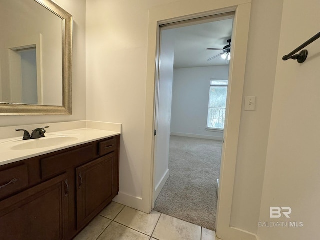 bathroom with vanity, tile patterned floors, and ceiling fan