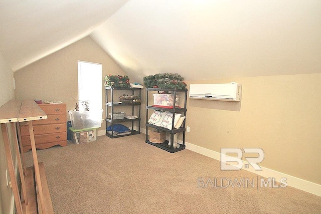 bonus room featuring carpet, lofted ceiling, and a wall unit AC