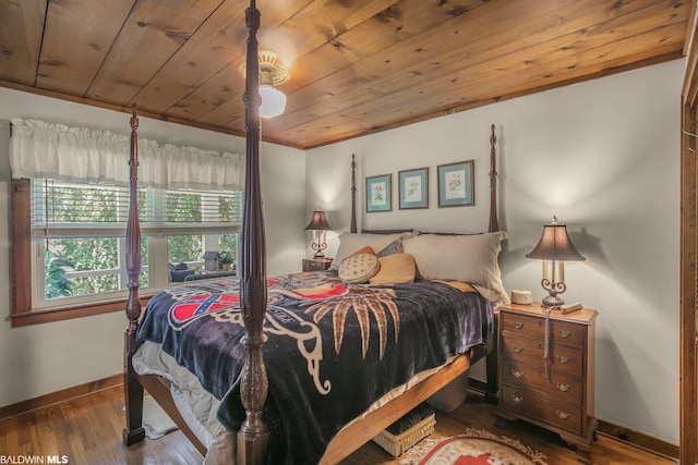 bedroom with wooden ceiling and dark wood-type flooring