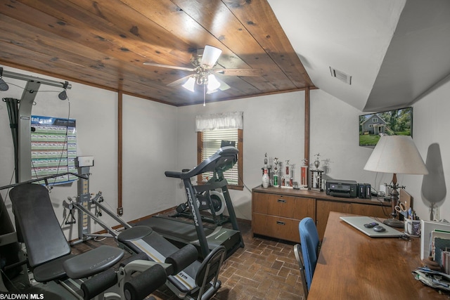 exercise area with plenty of natural light, ceiling fan, and wooden ceiling