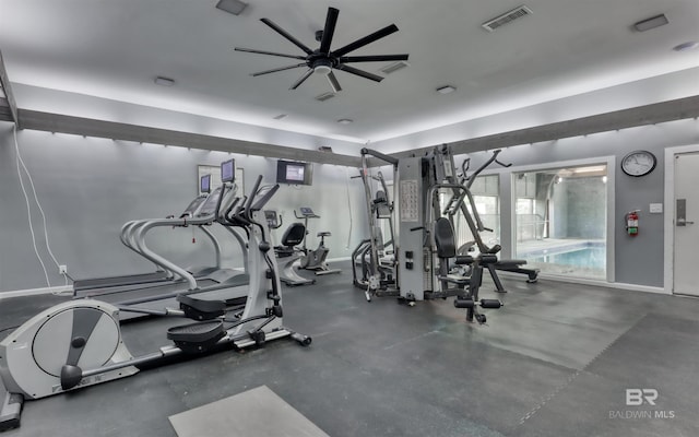 24770 Perdido Beach Blvd Unit 402, Orange Beach, AL 36561 - gym with ceiling fan and baseboards