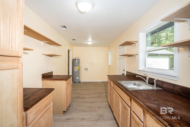 109 Palmer St, Brewton, AL 36426 - kitchen with light wood finished floors, a sink, open shelves, and water heater