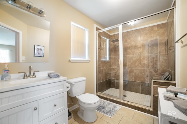 bathroom with a shower stall, tile patterned floors, toilet, and vanity