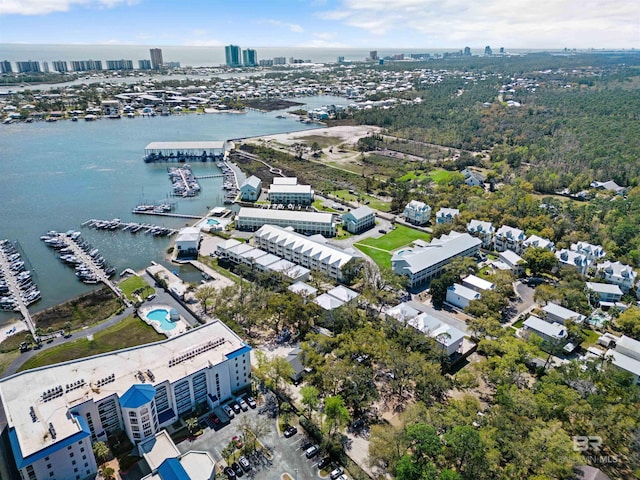 drone / aerial view with a water view and a city view