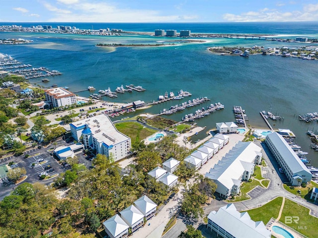 birds eye view of property featuring a water view