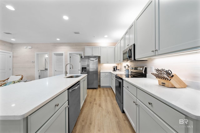 kitchen with stainless steel appliances, a sink, visible vents, light countertops, and an island with sink