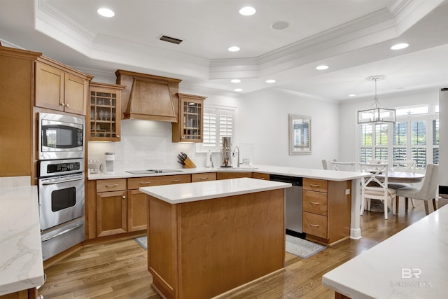 kitchen with custom range hood, a tray ceiling, a warming drawer, and appliances with stainless steel finishes