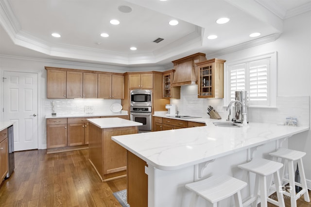 kitchen featuring visible vents, custom exhaust hood, a sink, stainless steel appliances, and a raised ceiling