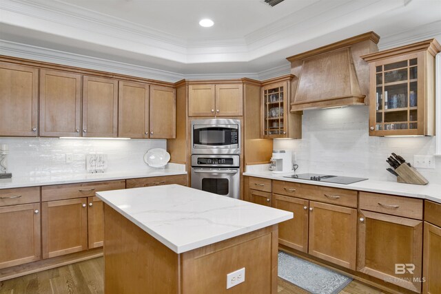 kitchen featuring brown cabinets, custom range hood, appliances with stainless steel finishes, and a raised ceiling