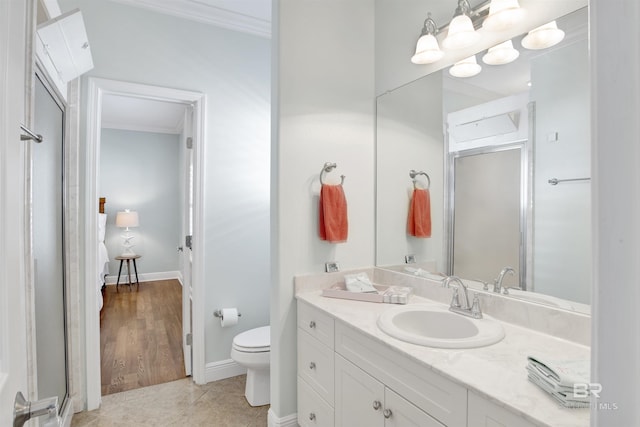 full bathroom with toilet, ornamental molding, tile patterned floors, and a shower stall