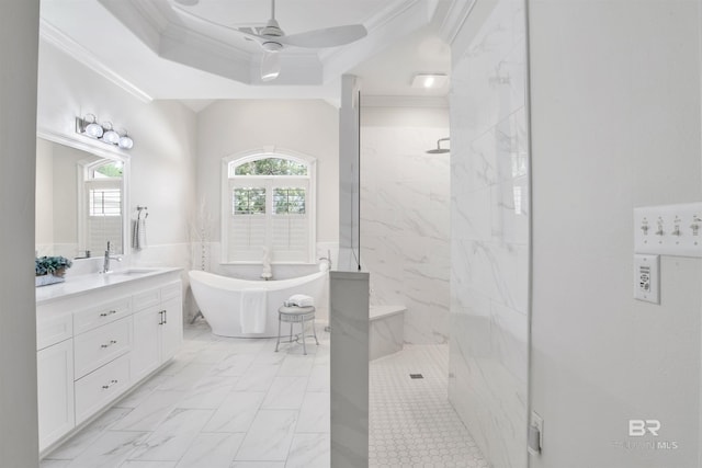 bathroom with crown molding, a ceiling fan, marble finish floor, wainscoting, and a marble finish shower