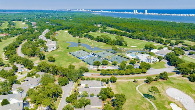 drone / aerial view with a water view, a residential view, and view of golf course