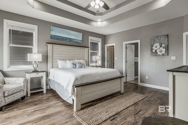 bedroom with a raised ceiling and hardwood / wood-style floors