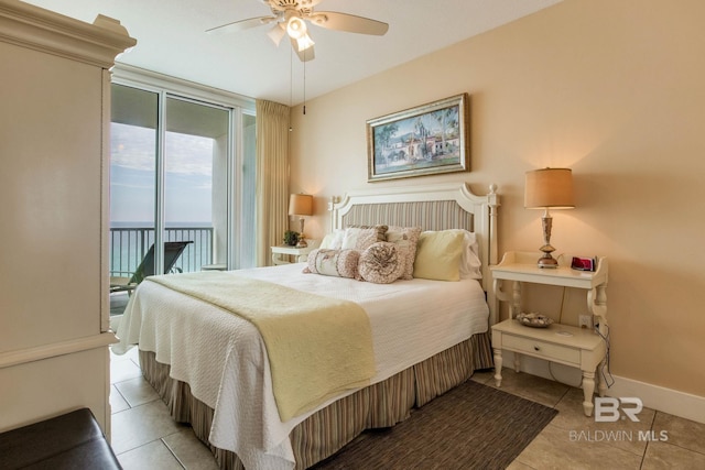 bedroom with access to outside, ceiling fan, baseboards, and light tile patterned floors