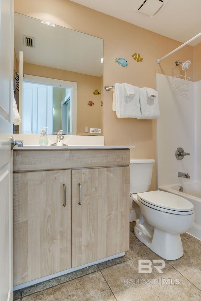 full bathroom with toilet, washtub / shower combination, tile patterned flooring, and visible vents