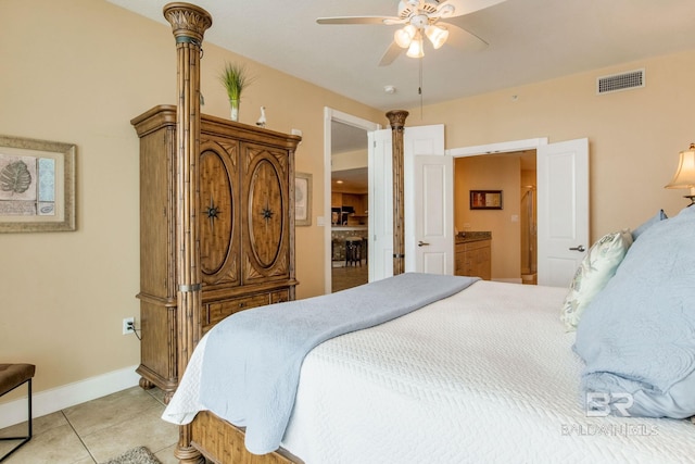 bedroom with visible vents, ceiling fan, baseboards, and light tile patterned floors