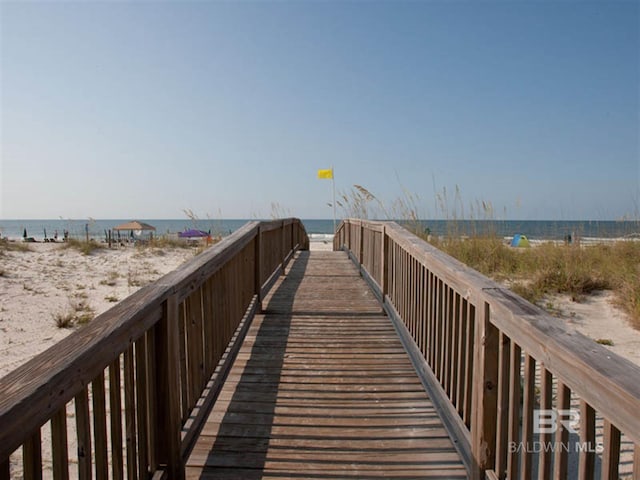 view of community featuring a water view and a beach view