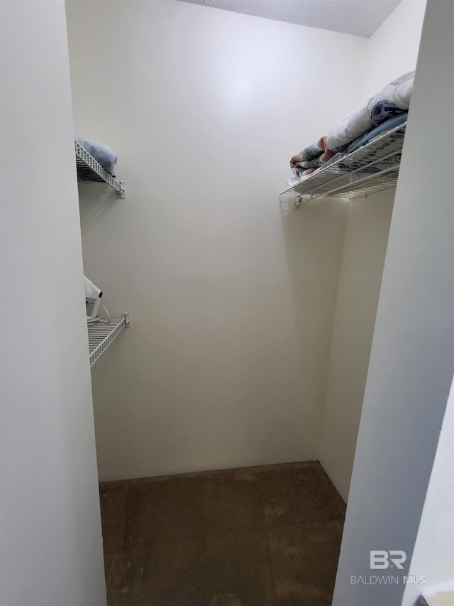 walk in closet featuring dark colored carpet