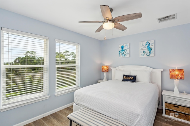 bedroom with ceiling fan and wood-type flooring