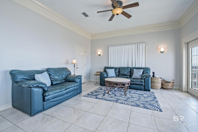 living room with light tile patterned floors, visible vents, a ceiling fan, and ornamental molding