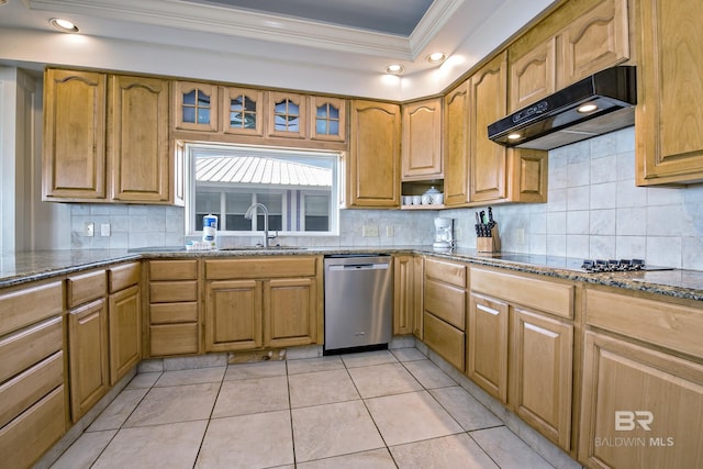 kitchen featuring glass insert cabinets, black electric stovetop, stainless steel dishwasher, under cabinet range hood, and a sink