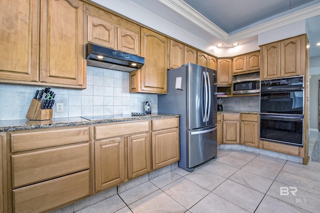 kitchen with decorative backsplash, stone counters, ventilation hood, crown molding, and black appliances