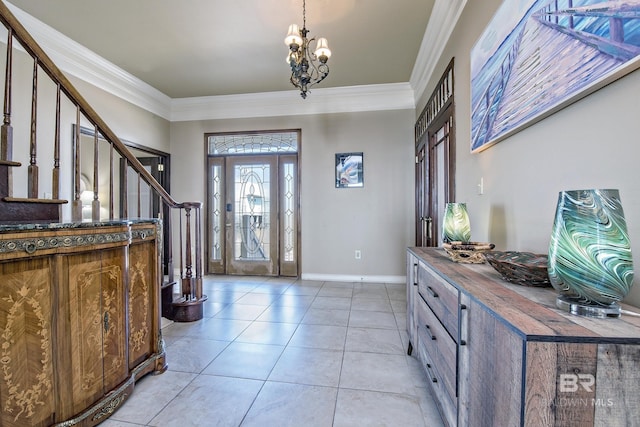 entryway with light tile patterned floors, baseboards, stairs, crown molding, and a chandelier