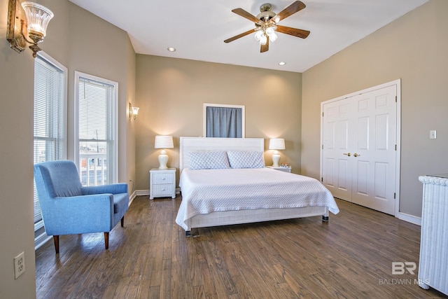 bedroom featuring dark wood-style floors, baseboards, a ceiling fan, and recessed lighting