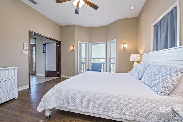 bedroom with visible vents, baseboards, ceiling fan, dark wood-style flooring, and recessed lighting