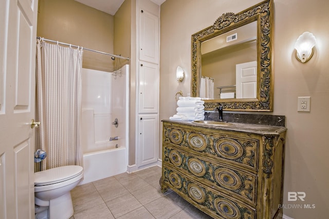 bathroom featuring visible vents, toilet, shower / tub combo with curtain, tile patterned floors, and vanity