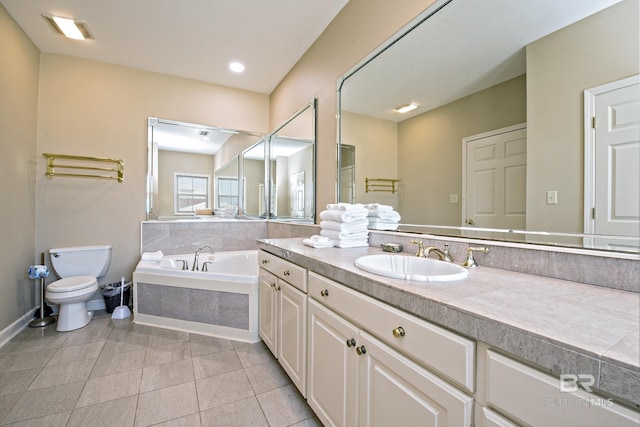 full bath with a garden tub, toilet, vanity, tile patterned flooring, and baseboards