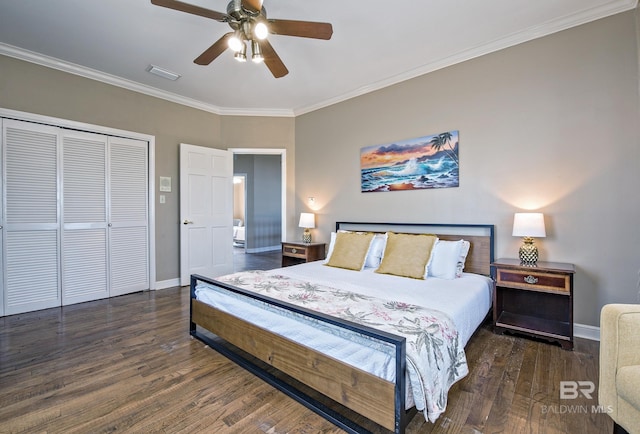 bedroom with ornamental molding, dark wood-style flooring, and visible vents