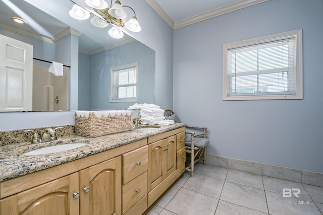 full bathroom with crown molding, tile patterned flooring, a sink, and double vanity