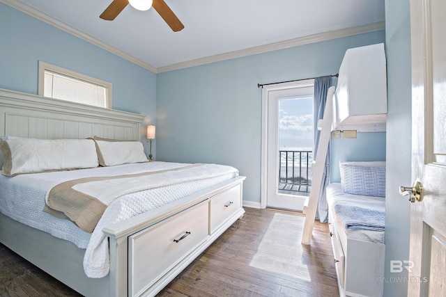 bedroom with ceiling fan, dark wood-type flooring, baseboards, access to exterior, and ornamental molding