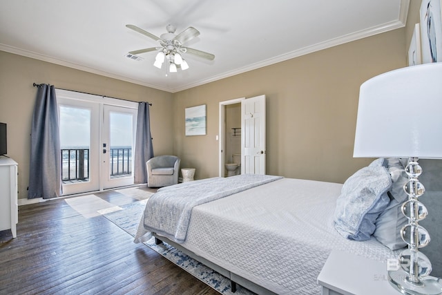 bedroom with access to outside, visible vents, crown molding, and french doors