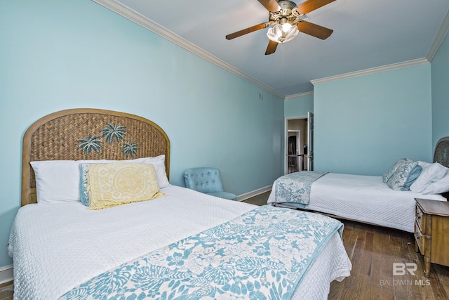 bedroom featuring ceiling fan, ornamental molding, dark wood finished floors, and baseboards