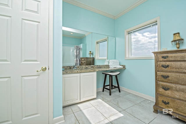 bathroom with baseboards, a shower with curtain, tile patterned floors, crown molding, and vanity