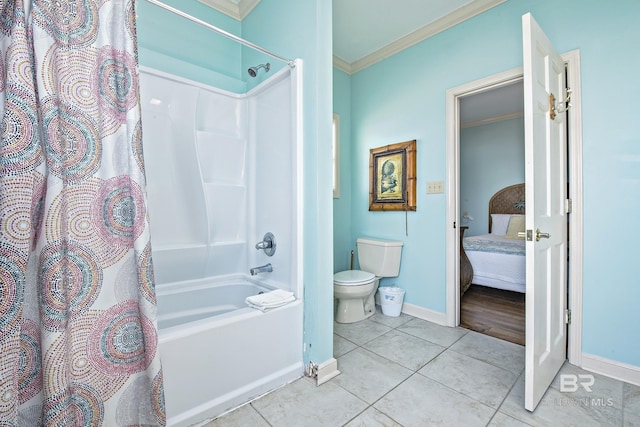 full bath featuring crown molding, ensuite bathroom, shower / bath combo, tile patterned flooring, and baseboards