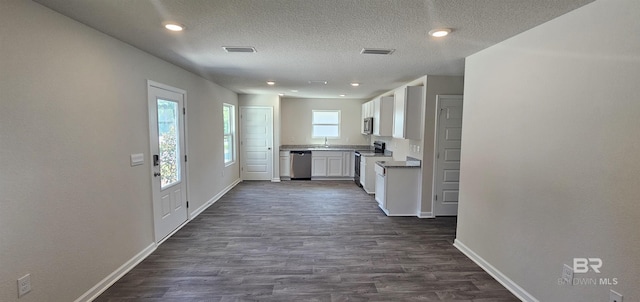 kitchen with stainless steel appliances, dark hardwood / wood-style flooring, a textured ceiling, sink, and white cabinetry