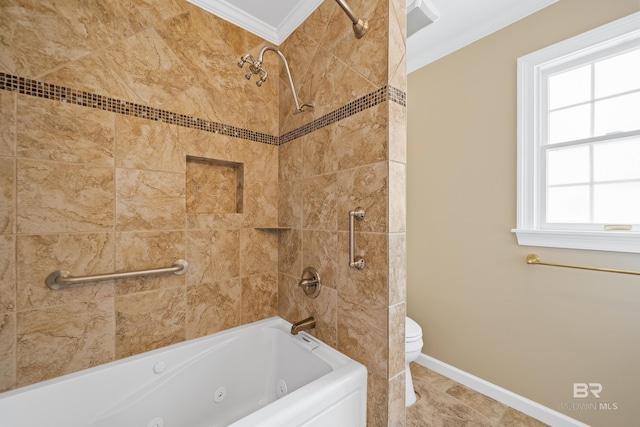 full bath with toilet, baseboards, a combined bath / shower with jetted tub, and ornamental molding